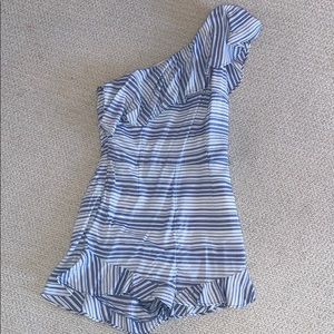 Blue and white striped one shoulder romper